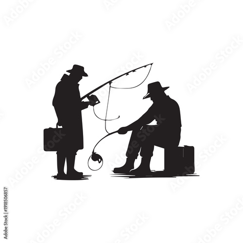 Two fishermen silhouette with fishing rods and tackle box vintage style isolated on white background outdoor activity