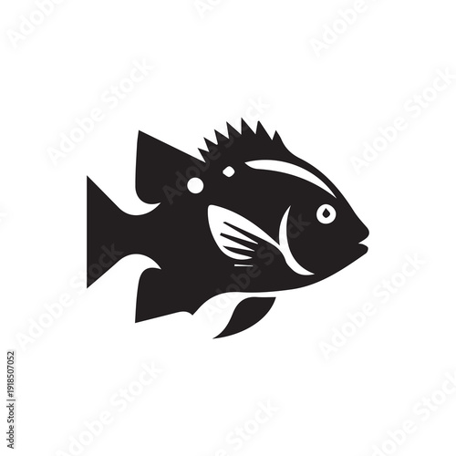 Black silhouette of a tropical fish with spiky fins and detailed scales isolated on white background