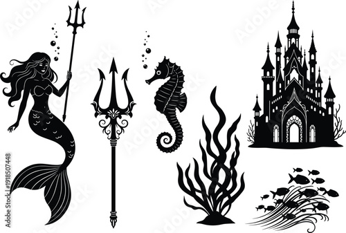 Black silhouette vector illustration of mermaid, seahorse, trident, castle, fish, and seaweed, underwater ocean fantasy scene, marine mythology design icons set