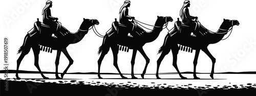 Black silhouette vector illustration of three Bedouin men riding camels in desert caravan, isolated on white background, Middle Eastern travel and tourism concept.