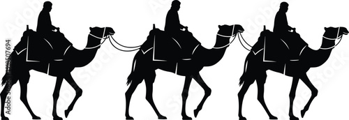 Black silhouette vector illustration of three men riding camels in caravan line, isolated on white background, Middle Eastern desert travel concept.
