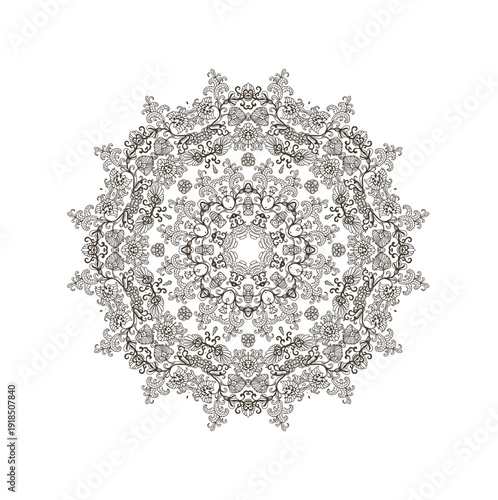 Laced decorative rosette - mandala with floral motif, on white background	