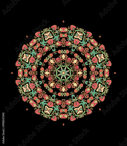 Colorful laced decorative rosette - mandala with floral motif, on dark background	