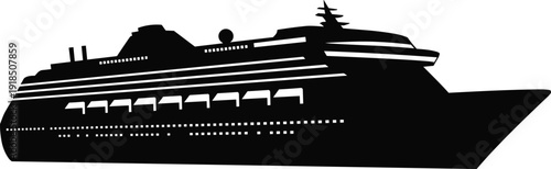 Black silhouette vector of a modern cruise ship, luxury ocean liner illustration, sea travel and marine transportation concept, isolated on white background