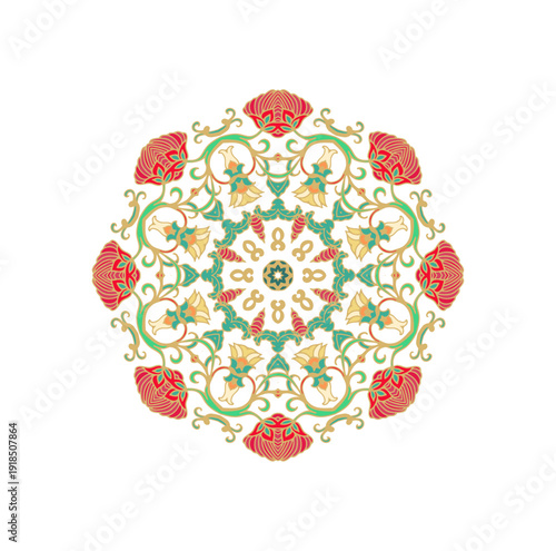 Colorful laced decorative rosette - mandala with floral motif, on white background	