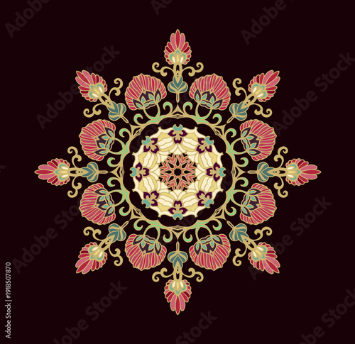 Colorful laced decorative rosette - mandala with floral motif, on dark background	