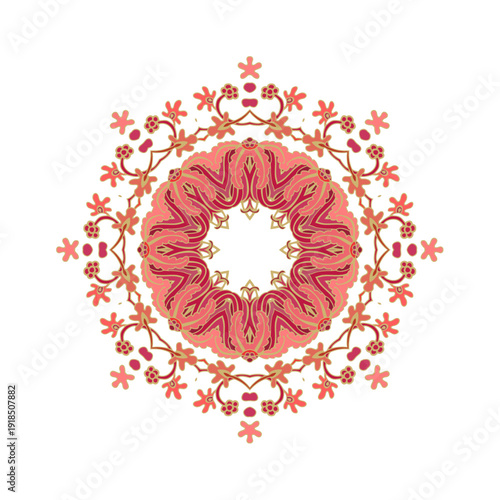 Red decorative rosette - mandala with floral motif, on white background	