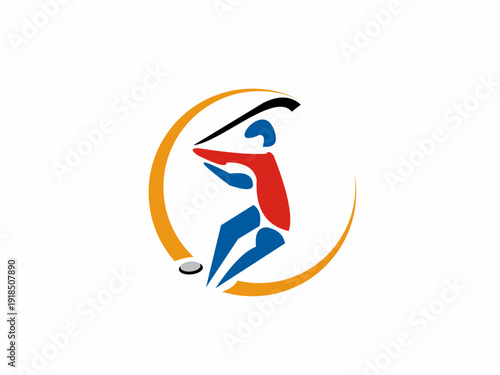 Modern hockey sports logo design, professional athlete silhouette swinging stick.