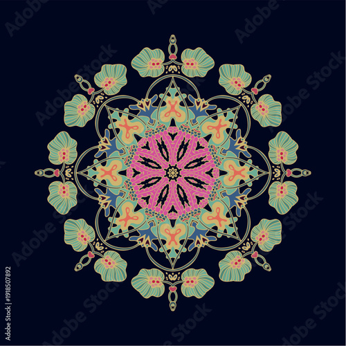 Colorful laced decorative rosette - mandala with floral motif, on dark background	