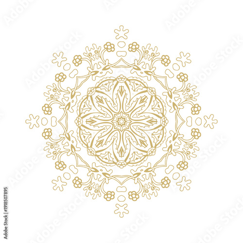 Golden decorative rosette - mandala with floral motif, on white background	