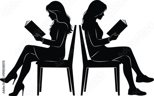 Black silhouette women reading books back to back on chairs, calm literary study scene vector illustration symbolizing knowledge education focus isolated on white background
