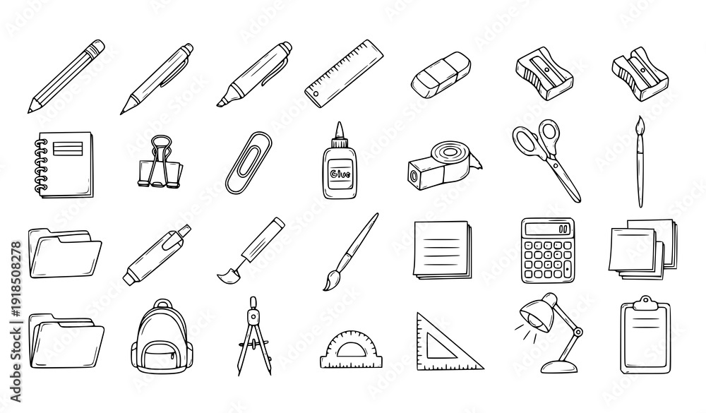 Fototapeta premium SEO Title: Hand Drawn Stationery Doodle Icons Set with School and Office Supplies Outline Vector