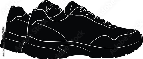 Black sneaker silhouette vector illustration, modern athletic casual shoes side view isolated on white background for footwear branding, fashion design, sports apparel