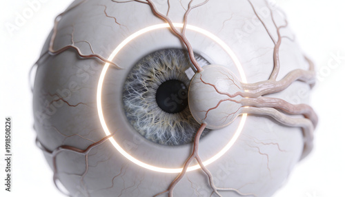 Comprehensive human eye anatomy with optic nerve connection showing retina visual pathway brain occipital lobe for neuroophthalmology and neurology education