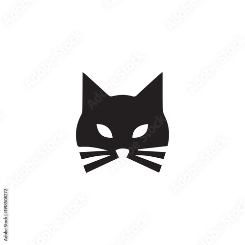 Simple black cat face silhouette with sharp ears and whiskers graphic icon