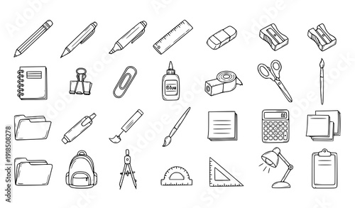 SEO Title:
Hand Drawn Stationery Doodle Icons Set with School and Office Supplies Outline Vector