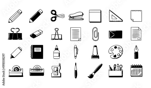 SEO Title:
Colorful Stationery Doodle Icons Pack with School and Office Supplies Flat Vector Set