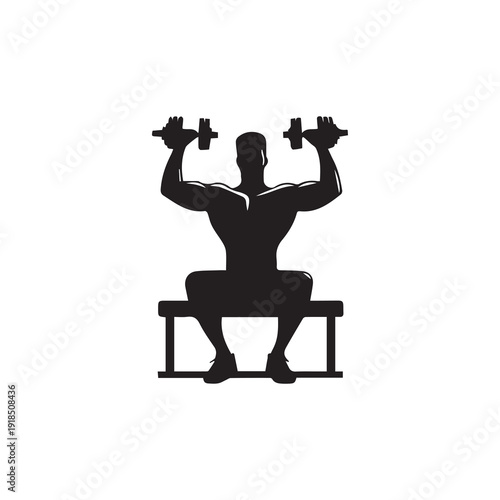 Bodybuilder man silhouette lifting dumbbells on bench at gym for fitness