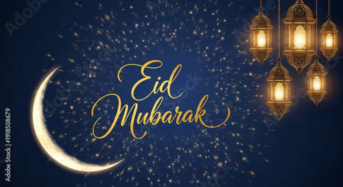 A magical blue background filled with explosive golden sparks and light, featuring a thin crescent moon and five lanterns hanging on the right side.