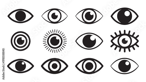 Minimalist stylized eye symbol variations icon set grid