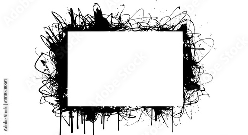 Abstract black ink splash border design element featuring chaotic liquid strokes and paint drips surrounding a central empty white rectangular copy space area.