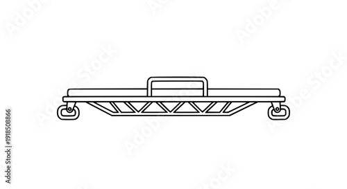 Simple line art icon illustration of a flat medical transport gurney cart trolley with wheels and carrying handle equipment.
