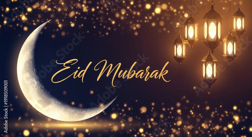 Beautiful Eid Mubarak composition with a realistic textured moon on the left and several glowing lanterns hanging amidst heavy golden bokeh lights.