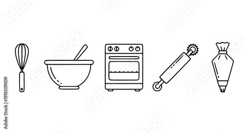 Essential black and white line art icons illustrating various baking utensils including a wire whisk, mixing bowl, modern oven, pastry wheel, and confectionery decorating bag.