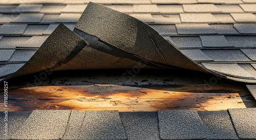 Detailed macro view of damaged asphalt roofing shingle showing structural gap and exposed wet underlayment requiring urgent home maintenance repair and renovation to fix water leak issue