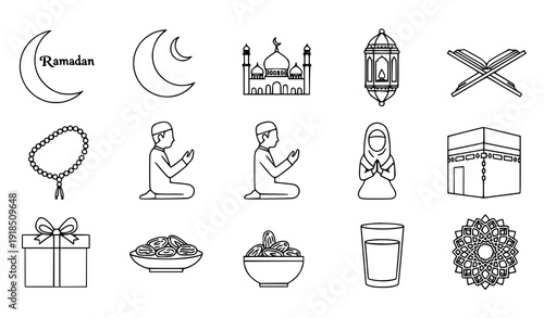Islamic Ramadan and Eid Mubarak Icon Set Outline Vector Collection