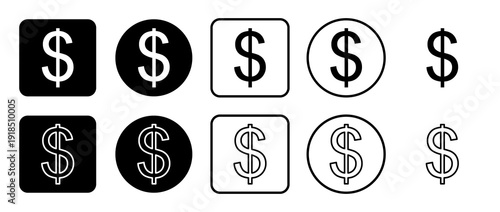 Icon set of dollar symbol. Filled, outline, black and white icons set, flat style.  Illustration on transparent background