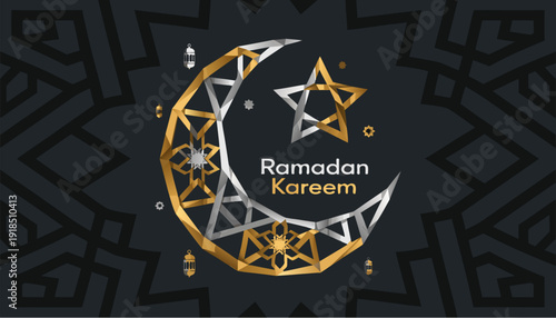 A Ramadan Kareem vector graphic with a crescent moon and star design on a dark background