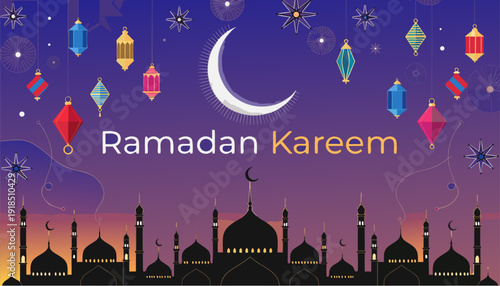 A colorful Ramadan Kareem vector graphic with mosque silhouette and lanterns