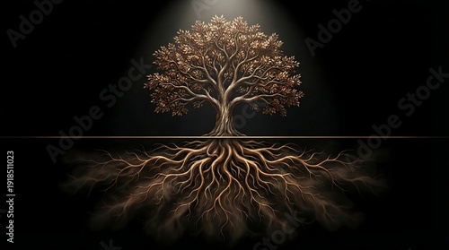 Tree of life concept showing lush green leaves above ground and deep roots underground in soil