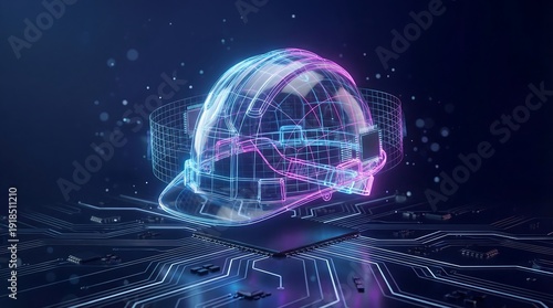 Futuristic glowing neon construction safety helmet hologram representing industrial engineering and digital safety