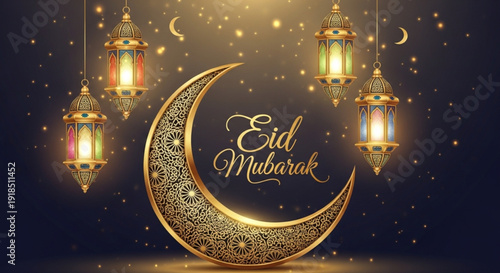 Vibrant and colorful Eid celebration image with a patterned golden crescent surrounded by multi-colored glowing lanterns and a magical starry night sky effect.