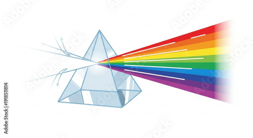 Glass prism refracts white light into colorful rainbow spectrum with red orange yellow green blue indigo violet hues on plain white background