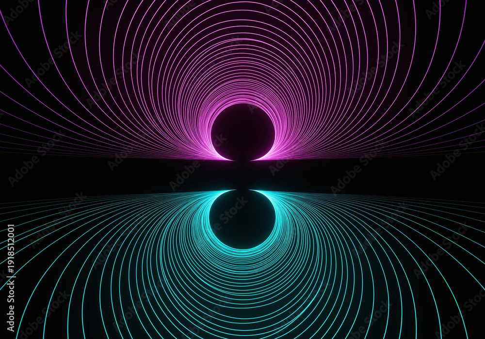 Fototapeta premium Futuristic neon spiral tunnel background with symmetrical purple and blue lines