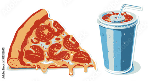 Pepperoni pizza slice and soda drink with ice