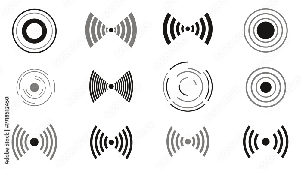 Fototapeta premium Collection of circular wireless signal icons with radar style rings and wave patterns.