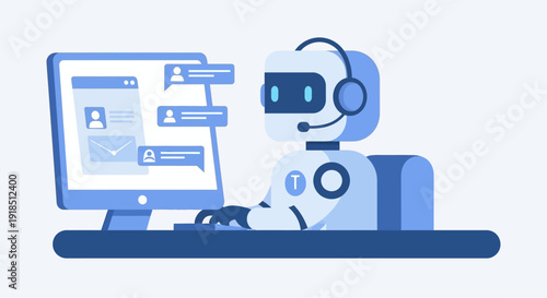 A futuristic AI robot with a headset provides efficient customer support and digital communication services, demonstrating advanced technological assistance.