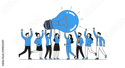 People Celebrate Innovation with Blue Light Bulbs