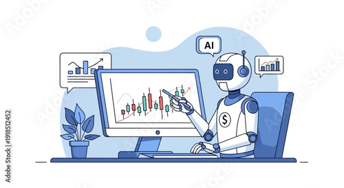 An intelligent artificial intelligence robot analyzes intricate financial market data on a computer, demonstrating automated investment strategies and modern technology.