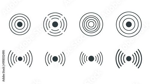 Set of wireless signal icons in concentric circles and varying sizes for technology graphics.