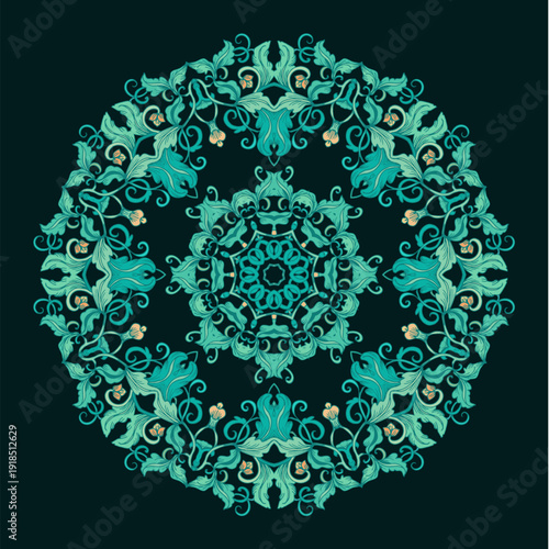 Turquoise decorative rosette - mandala with floral motif, on dark background	