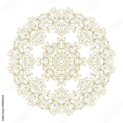 Golden decorative rosette - mandala with floral motif, on white background	