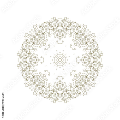 Golden decorative rosette - mandala with floral motif, on white background	
