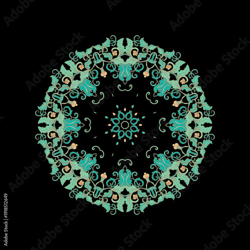 Turquoise decorative rosette - mandala with floral motif, on dark background	