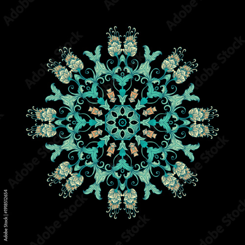 Turquoise decorative rosette - mandala with floral motif, on dark background	