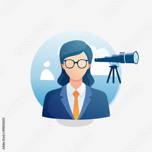 Businesswoman with glasses and telescope looking for future opportunities.